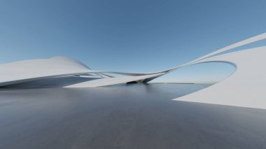 Boş beton zeminli 3d soyut eğri yapısı fütüristik mimarisi