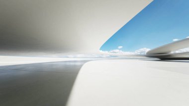 Boş beton zeminli 3d soyut eğri yapısı fütüristik mimarisi