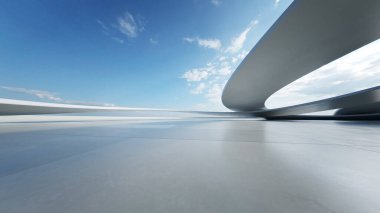 Boş beton zeminli 3d soyut eğri yapısı fütüristik mimarisi