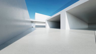 Boş beton zemin, minimal beyaz dış görünüş, araba sunumu arka planı ile soyut modern mimarinin 3D görüntüsü