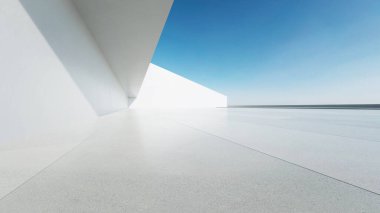 Boş beton zemin, minimal beyaz dış görünüş, araba sunumu arka planı ile soyut modern mimarinin 3D görüntüsü