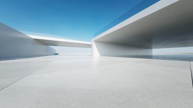 Boş beton zemin, minimal beyaz dış görünüş, araba sunumu arka planı ile soyut modern mimarinin 3D görüntüsü