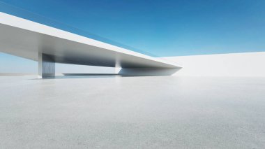 Boş beton zemin, minimal beyaz dış görünüş, araba sunumu arka planı ile soyut modern mimarinin 3D görüntüsü