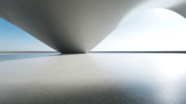 Boş beton zeminli 3d soyut eğri yapısı fütüristik mimarisi