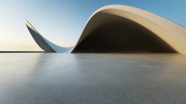 Boş beton zeminli 3d soyut eğri yapısı fütüristik mimarisi