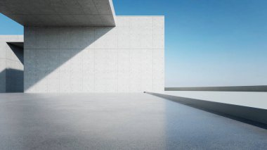 3D soyut modern beton mimari boş beton zemin, minimal dış görünüş, araba sunumu arka planı
