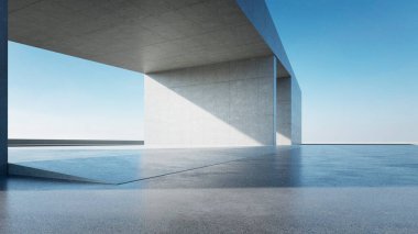 3D soyut modern beton mimari boş beton zemin, minimal dış görünüş, araba sunumu arka planı