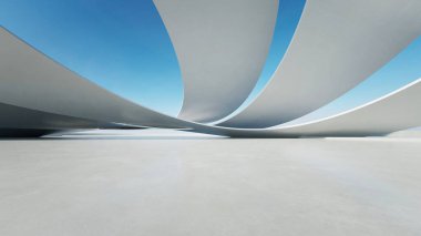 Boş beton zeminli 3d soyut eğri yapısı fütüristik mimarisi