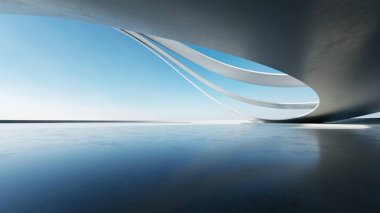 Boş beton zeminli 3d soyut eğri yapısı fütüristik mimarisi