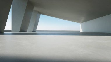 Otomobil sunumu için çimento yapısına sahip soyut mimari ve güneş ışığıyla boş beton iç alanın 3D görüntüsü