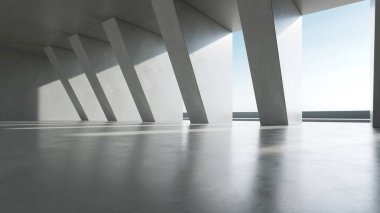 Otomobil sunumu için çimento yapısına sahip soyut mimari ve güneş ışığıyla boş beton iç alanın 3D görüntüsü