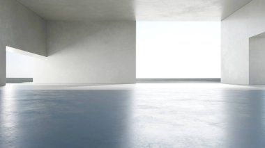 Otomobil sunumu için çimento yapısına sahip soyut mimari ve güneş ışığıyla boş beton iç alanın 3D görüntüsü