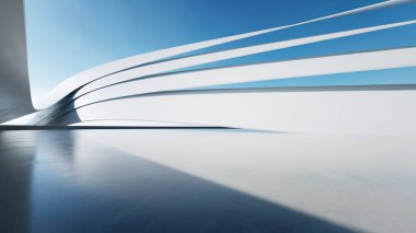 Boş beton zeminli 3d soyut eğri yapısı fütüristik mimarisi