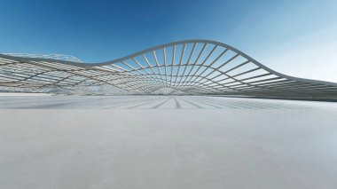 Soyut eğrinin 3 boyutlu canlandırması. Kablo yapısı. Boş beton zemin ile geleceksel mimari.
