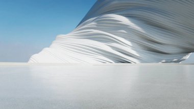 Soyut dalgalı yapının 3D görüntüsü, boş beton zeminli geleceksel mimari