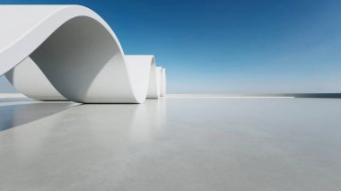 Soyut dalgalı yapının 3D görüntüsü, boş beton zeminli geleceksel mimari