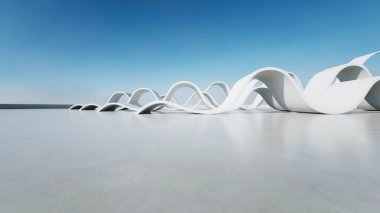 Soyut dalgalı yapının 3D görüntüsü, boş beton zeminli geleceksel mimari