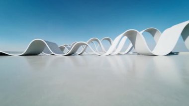 Soyut dalgalı yapının 3D görüntüsü, boş beton zeminli geleceksel mimari