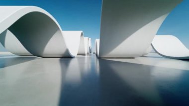 Soyut dalgalı yapının 3D görüntüsü, boş beton zeminli geleceksel mimari