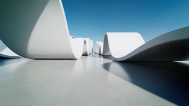 Soyut dalgalı yapının 3D görüntüsü, boş beton zeminli geleceksel mimari