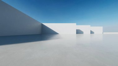 3D soyut modern beton mimari boş beton zemin, minimal dış görünüş, araba sunumu arka planı