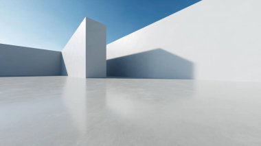 3D soyut modern beton mimari boş beton zemin, minimal dış görünüş, araba sunumu arka planı