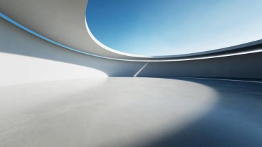 Boş beton zeminli 3d soyut eğri yapısı fütüristik mimarisi