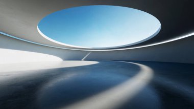 Boş beton zeminli 3d soyut eğri yapısı fütüristik mimarisi