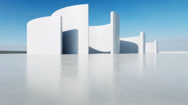 Boş beton zeminli 3d soyut eğri yapısı fütüristik mimarisi