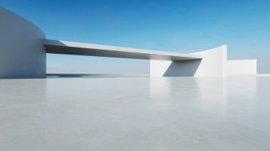 3D soyut modern beton mimari boş beton zemin, minimal dış görünüş, araba sunumu arka planı