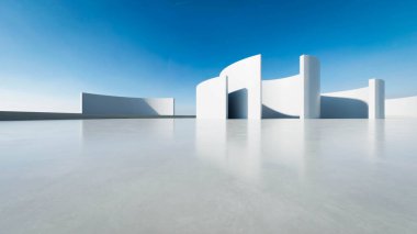 Boş beton zeminli 3d soyut eğri yapısı fütüristik mimarisi