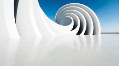 Boş beton zeminli 3d soyut eğri yapısı fütüristik mimarisi