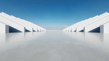 3D soyut modern beton mimari boş beton zemin, minimal dış görünüş, araba sunumu arka planı