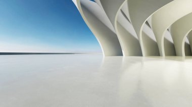 Soyut dalgalı yapının 3D görüntüsü, boş beton zeminli geleceksel mimari