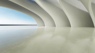 Soyut dalgalı yapının 3D görüntüsü, boş beton zeminli geleceksel mimari