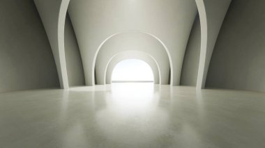 Soyut dalgalı yapının 3D görüntüsü, boş beton zeminli geleceksel mimari