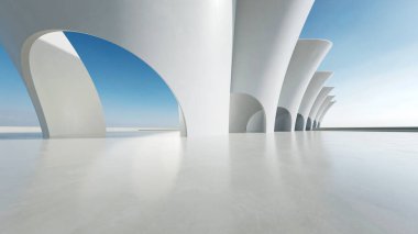 Soyut dalgalı yapının 3D görüntüsü, boş beton zeminli geleceksel mimari