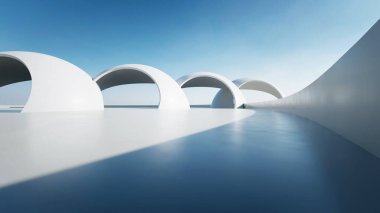 Soyut dalgalı yapının 3D görüntüsü, boş beton zeminli geleceksel mimari