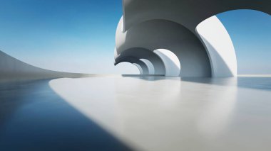 Soyut dalgalı yapının 3D görüntüsü, boş beton zeminli geleceksel mimari