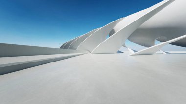 Beyaz fütüristik mimarinin 3D görüntüsü, boş beton zeminli soyut dalgalı yapı