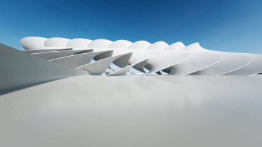 Beyaz fütüristik mimarinin 3D görüntüsü, boş beton zeminli soyut dalgalı yapı
