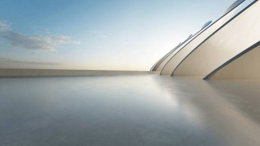 Beyaz fütüristik mimarinin 3D görüntüsü, boş beton zeminli soyut dalgalı yapı