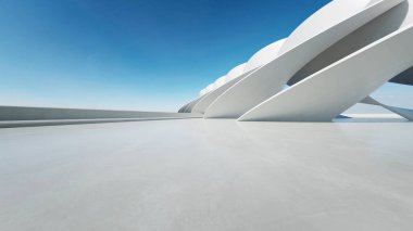 Beyaz fütüristik mimarinin 3D görüntüsü, boş beton zeminli soyut dalgalı yapı