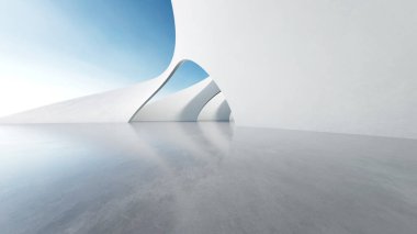 Beyaz fütüristik mimarinin 3D görüntüsü, boş beton zeminli soyut dalgalı yapı