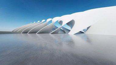 Beyaz fütüristik mimarinin 3D görüntüsü, boş beton zeminli soyut dalgalı yapı