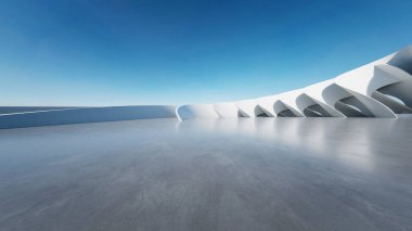 Beyaz fütüristik mimarinin 3D görüntüsü, boş beton zeminli soyut dalgalı yapı