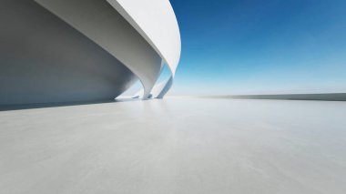Beyaz fütüristik mimarinin 3D görüntüsü, boş beton zeminli soyut dalgalı yapı
