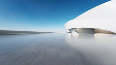 Beyaz fütüristik mimarinin 3D görüntüsü, boş beton zeminli soyut dalgalı yapı