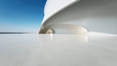 Beyaz fütüristik mimarinin 3D görüntüsü, boş beton zeminli soyut dalgalı yapı