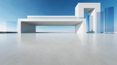 3D soyut modern beton mimari boş beton zemin, minimal dış görünüş, araba sunumu arka planı